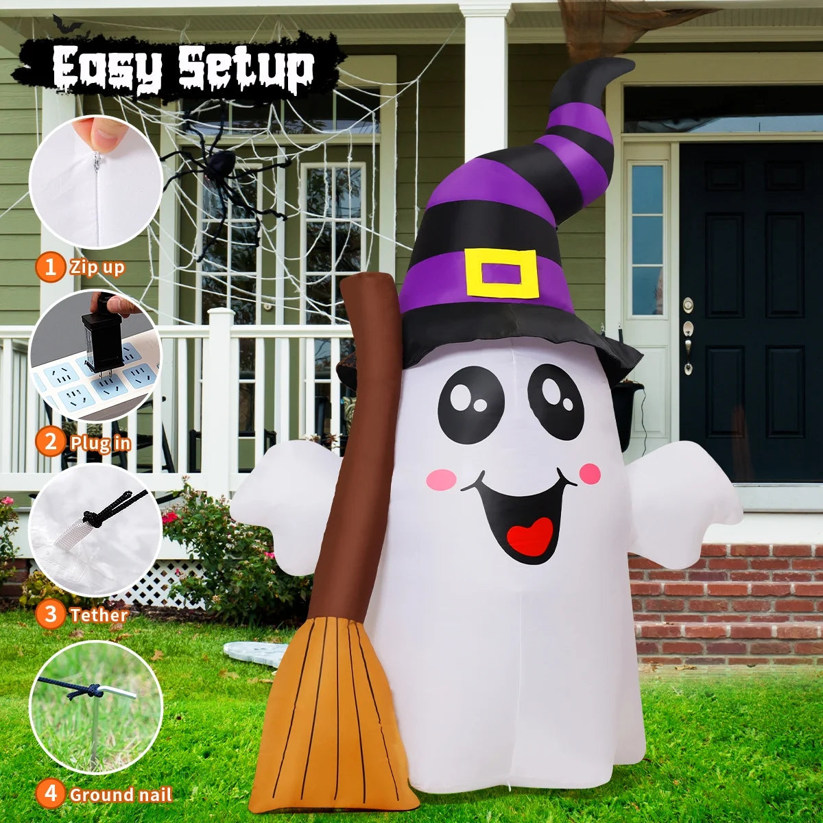 Halloween Inflatables 6.2 FT Halloween Ghost Inflatable Grasping Broom with LED Lights, Blow up Ghost Cute Inflatable Ghost, Outdoor Halloween Decorations for Holiday Party Indoor Outdoor