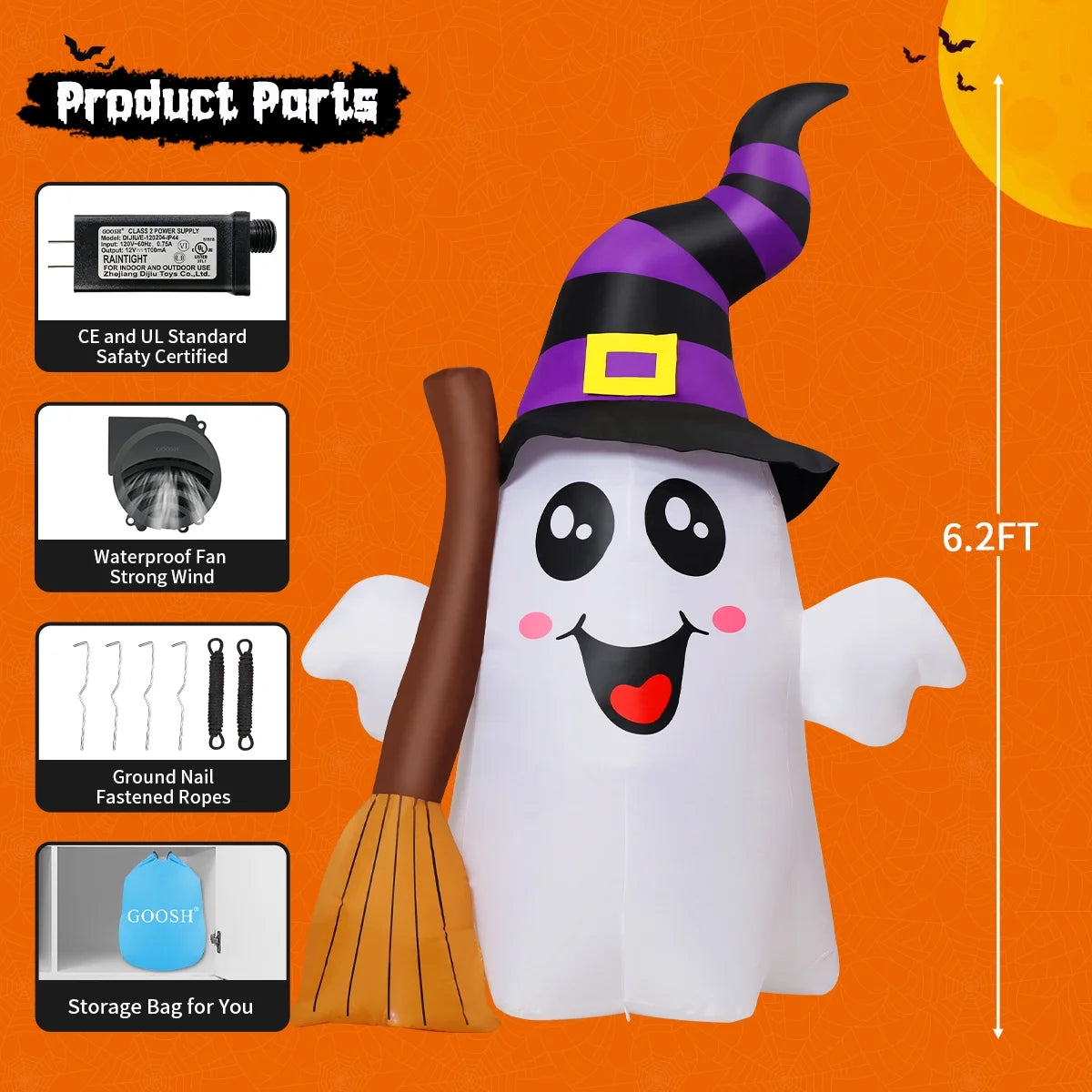 Halloween Inflatables 6.2 FT Halloween Ghost Inflatable Grasping Broom with LED Lights, Blow up Ghost Cute Inflatable Ghost, Outdoor Halloween Decorations for Holiday Party Indoor Outdoor