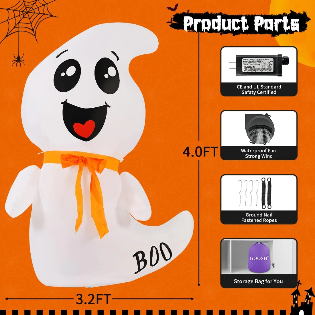 Halloween Inflatables 4 FT Inflatable Ghost with Built-In LED Lights, Cute Ghost Blow up Halloween Decoration, Outdoor Halloween Decorations Blow up Ghost for Halloween Party Indoor Outdoor
