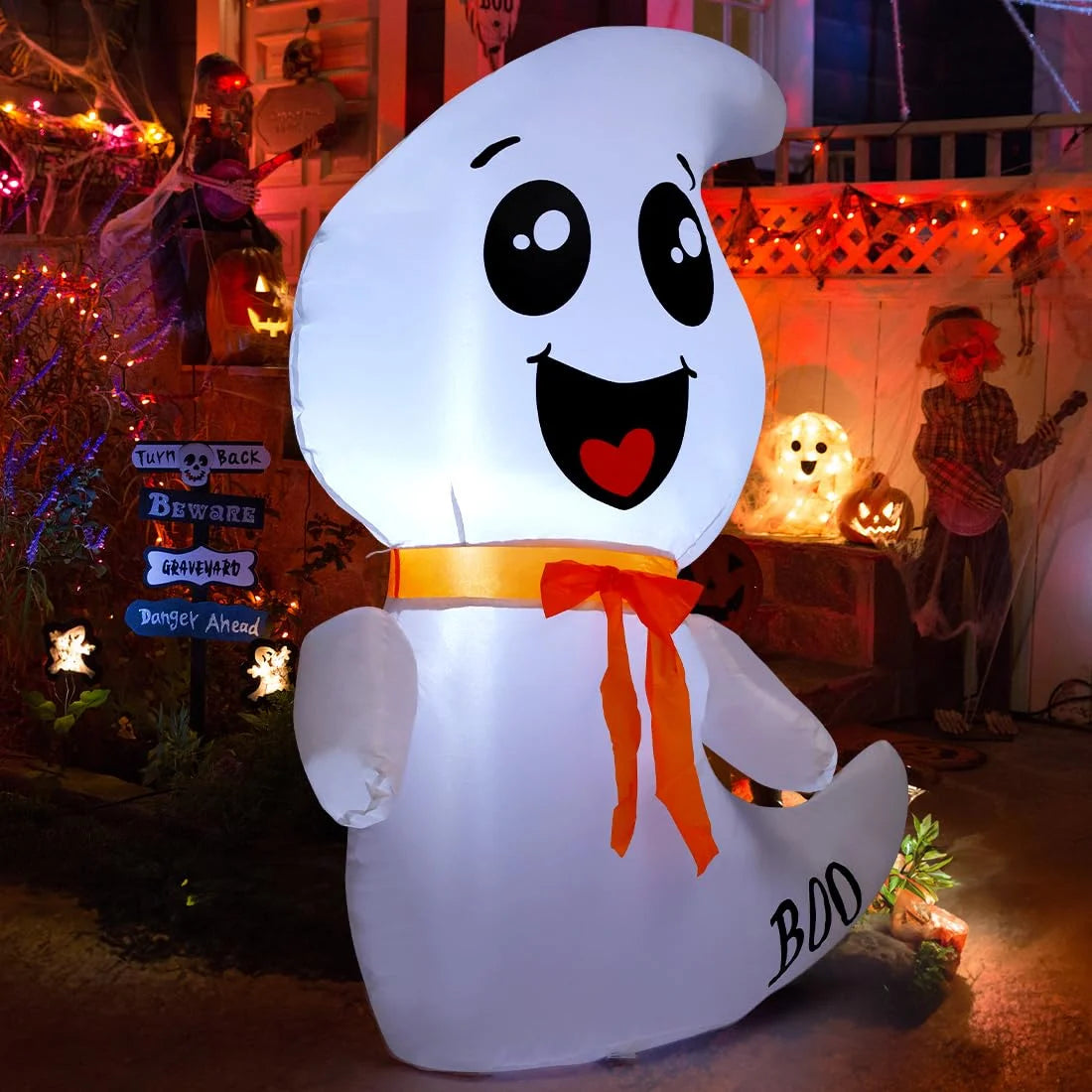 Halloween Inflatables 4 FT Inflatable Ghost with Built-In LED Lights, Cute Ghost Blow up Halloween Decoration, Outdoor Halloween Decorations Blow up Ghost for Halloween Party Indoor Outdoor