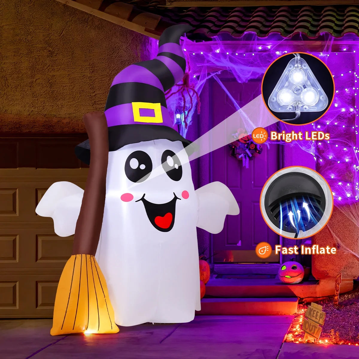Halloween Inflatables 6.2 FT Halloween Ghost Inflatable Grasping Broom with LED Lights, Blow up Ghost Cute Inflatable Ghost, Outdoor Halloween Decorations for Holiday Party Indoor Outdoor