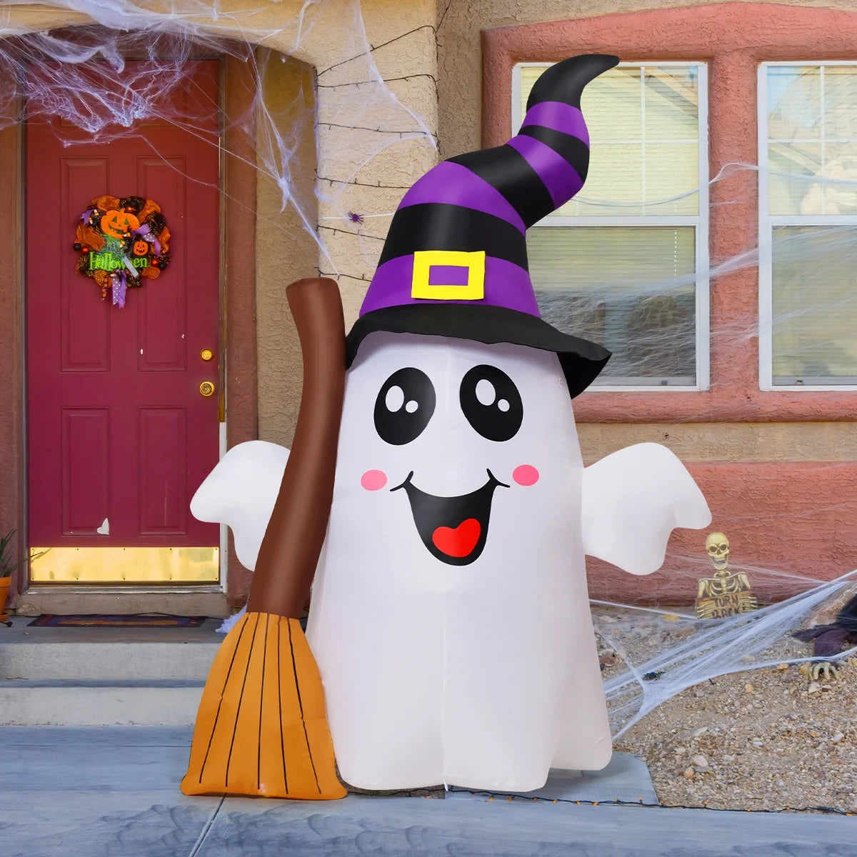 Halloween Inflatables 6.2 FT Halloween Ghost Inflatable Grasping Broom with LED Lights, Blow up Ghost Cute Inflatable Ghost, Outdoor Halloween Decorations for Holiday Party Indoor Outdoor