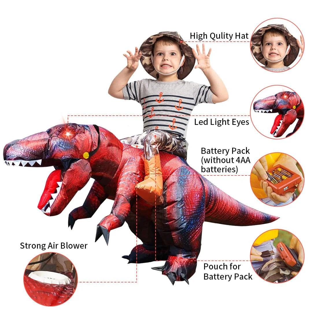 55 Inch Dinosaur Costume for Kids, Inflatable Trex Costume Blow up Dinosaur Costume Kids Size, Funny Halloween Costume Boys Girls Unisex Inflatable T-Rex Costume for Holiday/Party/Cosplay
