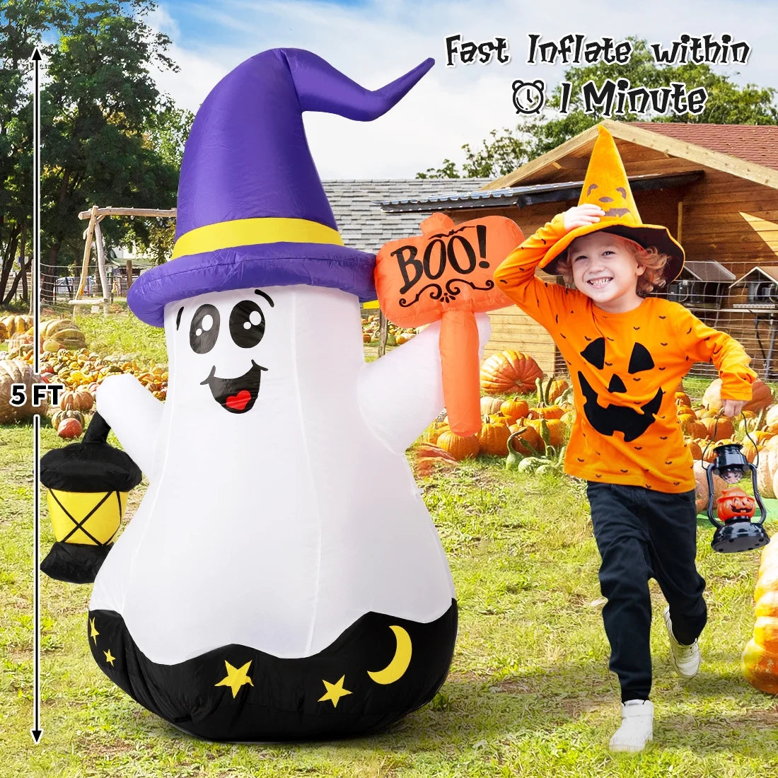 Halloween Inflatable 5 FT Halloween Ghost Inflatable with Hand-Held Light, Cute Blow up Ghost Halloween Ghost Decorations with Built-In Leds, Halloween Decorations Clearance for Holiday/Party
