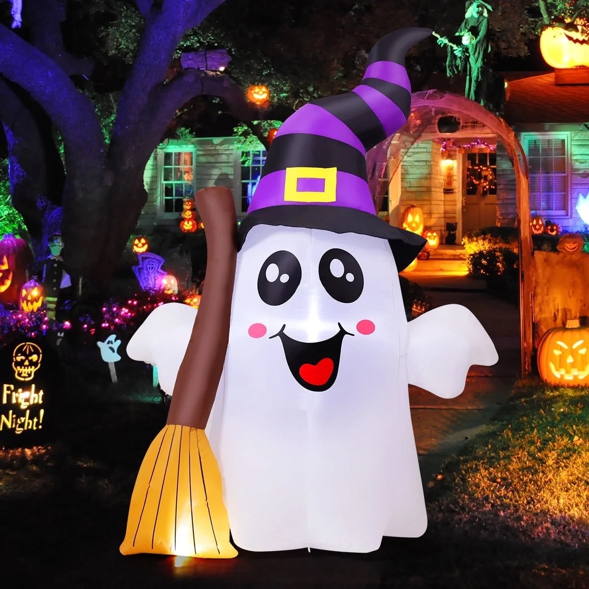 Halloween Inflatables 6.2 FT Halloween Ghost Inflatable Grasping Broom with LED Lights, Blow up Ghost Cute Inflatable Ghost, Outdoor Halloween Decorations for Holiday Party Indoor Outdoor