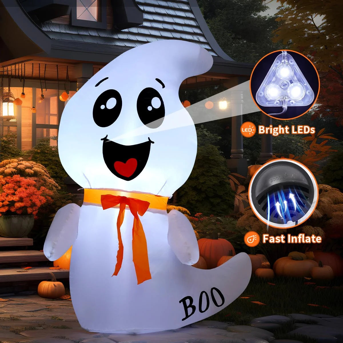 Halloween Inflatables 4 FT Inflatable Ghost with Built-In LED Lights, Cute Ghost Blow up Halloween Decoration, Outdoor Halloween Decorations Blow up Ghost for Halloween Party Indoor Outdoor